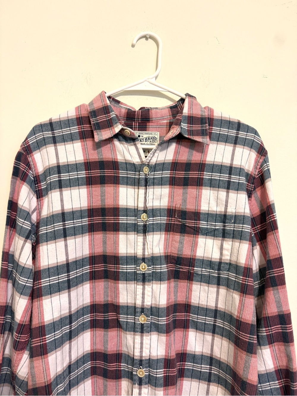 2/$30 Lucky Brand Saturday Stretch Plaid Flannel Shirt Medium Pink Blue Cream - Picture 2 of 8
